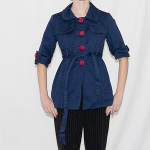 Y2k navy blue peacoat with tie hot pink buttons size large talie cotton spandex